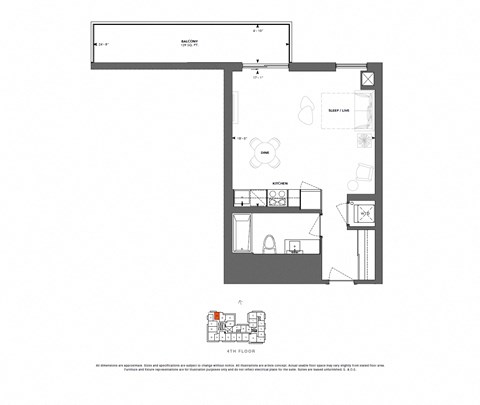 Floor plan for studio, 1 bath, 530 sqft